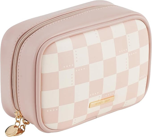 RIGHT AWAY Checkered Makeup Bag for Purse,Small Cosmetic Bag Organizer for Women, Travel Make Up Pouch Waterproof Toiletry Bag Cute Makeup Case for Travel Accessories(Pink Checkerboard)