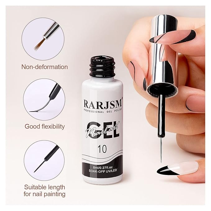RARJSM Nail Art Gel,Liner Gel Polish,Black White Nail Design Polish Painted GelNailPolish Set 2Pcs Soak off Curing Requires 8ml Build in Thin Brush for Home Salon Diy Nails French Manicure Painting