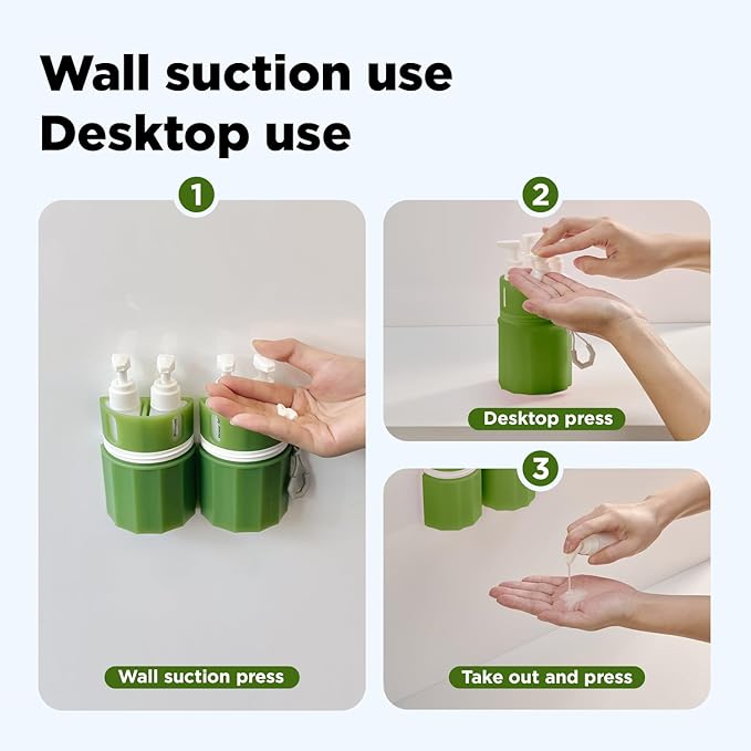 YOTIME 4in1 Travel Bottles Set, Vacuum Silicone Suction Cup for Smooth Walls, TSA Approved Leak Proof Travel Size Containers for Toiletries, Shampoo, Body Wash and Conditioner, Green