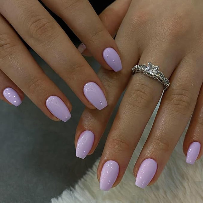 Lilac Press on Nails Medium Coffin Fake Nails Press ons, KXAMELIE Full Cover False Nails Tips Medium Length Glue on Nails Natural Thick Long Acrylic Nails 24Pcs Solid Color Coffin Nails for Women