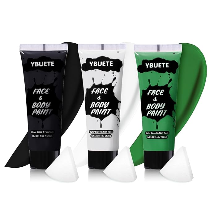 3Pcs Face Body Paint, Professional Paint for Halloween Cosplay Costume Party, Full-coverage Multi-Color Cream Makeup Body Paint for Adult Halloween Cosplay SFX Makeup Paint (Black+Green+White)