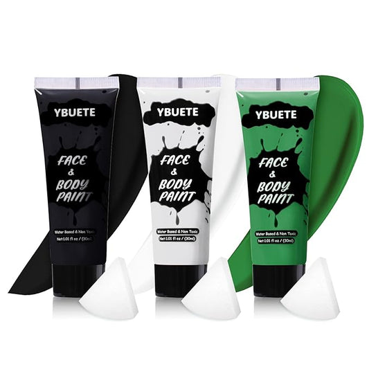 3Pcs Face Body Paint, Professional Paint for Halloween Cosplay Costume Party, Full-coverage Multi-Color Cream Makeup Body Paint for Adult Halloween Cosplay SFX Makeup Paint (Black+Green+White)