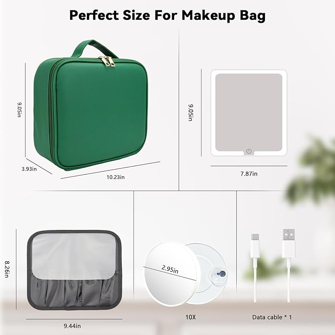 Travel Makeup Bag with LED Mirror and 10x magnifying glass with 3 Lighted Settings, Adjustable Dividers and Makeup Brush Storage Bag Dark Green