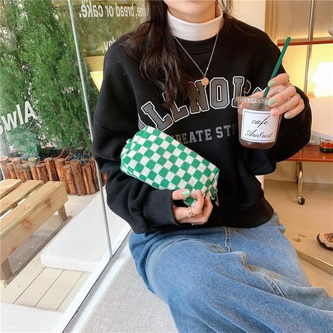 PAZIMIIK Checkered Makeup Bag for Purse Portable Zipper Make Up Pouch Small Cosmetic Case for Travel Accessories (6PCS Green)