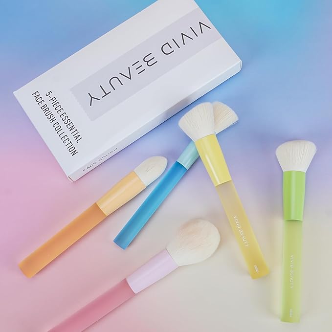 5pcs Multi Color Face Makeup Brush set – Powder, Kabuki, Angled Fluff, Blush Brushes with Vegan Bristles That Mimic Natural Wool – Non-Slip Rubber Handles – Perfect for Contouring, Setting, Blending