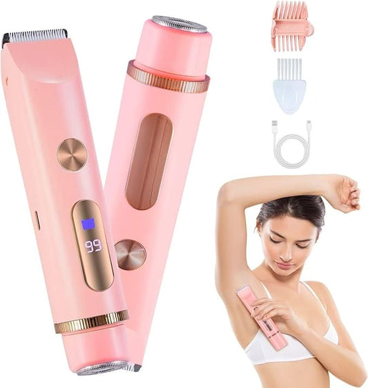 Bikini Trimmer for Women, Cordless& Painless& Waterproof Dual Head Shaver for Women Private Area& Face& Body, 2-in-1 Electric Razors, Bikini Shaver, Hair Trimmer with LCD, Travel Grooming Kit