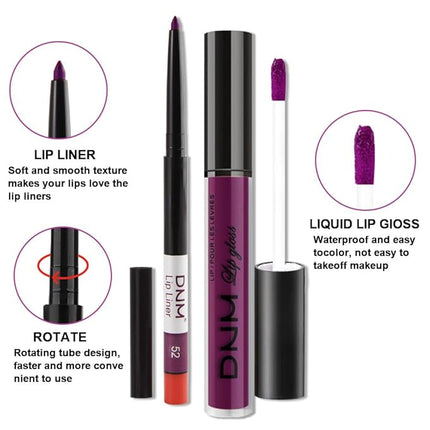 evpct 2Pcs Purple Matte Liquid Lipstick Lip Gloss Stain and Retractable Lip Liner Makeup Set for Women Long Lasting Waterproof 24 Hours Permanent Lipstick labial mate larga duracion 24 52#