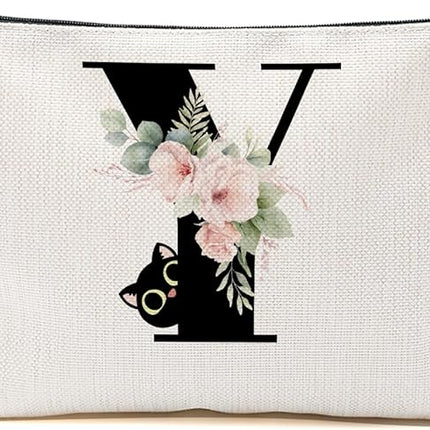 Floral Cat Initial Makeup Bag, Personalized Skin Care Bag, Travel Organizer Toiletry Bags for Women Mom Friends, Cosmetic Bags Makeup Pouch with Zipper, Letter Y