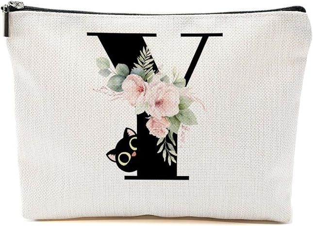 Floral Cat Initial Makeup Bag, Personalized Skin Care Bag, Travel Organizer Toiletry Bags for Women Mom Friends, Cosmetic Bags Makeup Pouch with Zipper, Letter Y