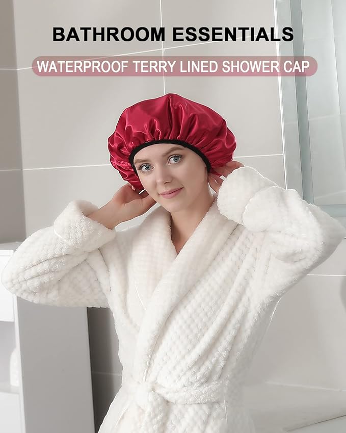 YIZIJIZI Triple Layer Reusable Waterproof Shower Cap for Women Large Terry Lined Hair Cap for Long Thick Hair Travel Bath Care Red