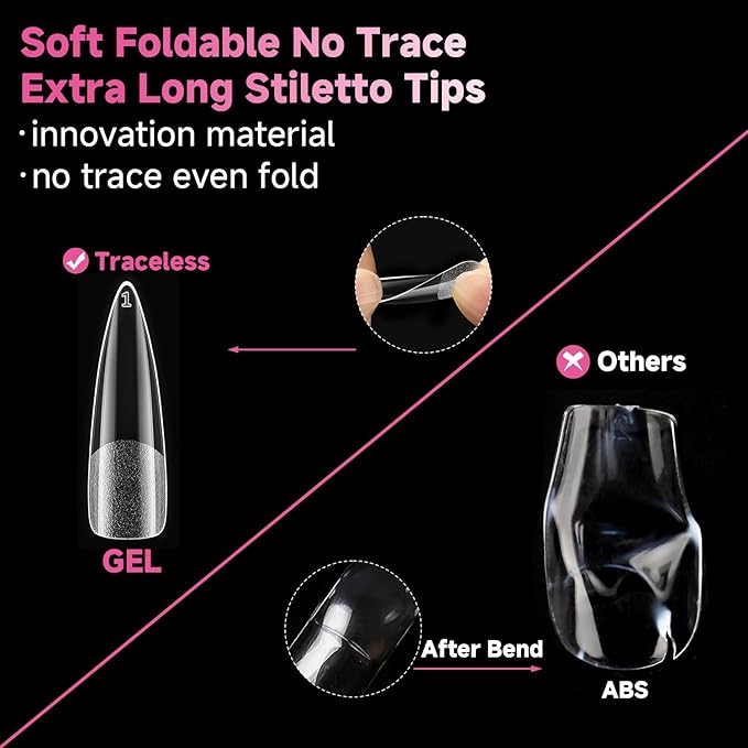 UNA GELLA Halloween XXL Stiletto Nail Tips, 312pcs Pre-Shape Extra Long Stiletto Nails Tips Pre Etched Full Cover No Need File Clear Fake Nails for Party DIY Art Salon 12 Sizes