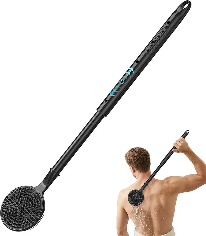 Silicone Back Scrubber for Shower with 24 inch Adjustable Handle, Double Sided Shower Brush for Exfoliating and Massage
