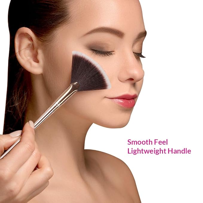 Fan Makeup Brush For Highlighter, Blush, Flutty&Powder Cosmetic Tool w/Long Handle& Anti-Champagne Gold Brush