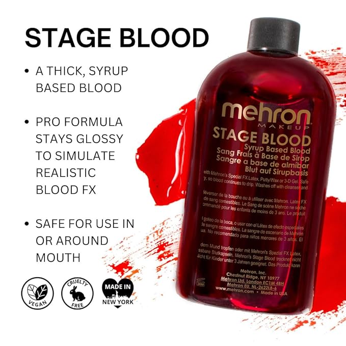 Mehron Makeup Stage Blood | Realistic Fake Blood For Halloween | Stage Blood Makeup| Washable Fake Blood for Special FX, Stage & Screen, Halloween, & Cosplay (16 oz) (Bright Arterial)