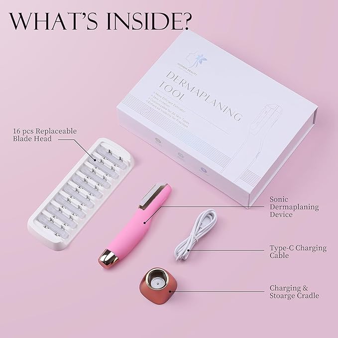 Sonic Dermaplane Razor for Women Face, Dermaplaning Tool for Face, Sonic Edge Technology, Facial Hair Removal for Women, Peach Fuzz with 8 Replaceable Blades(Pink)