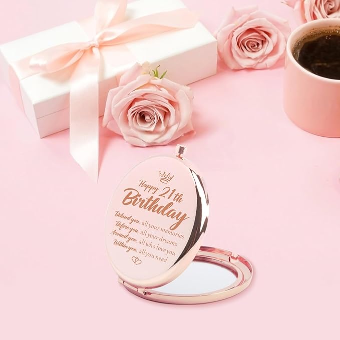 21st Birthday Gifts for Her, 21st Birthday Ideas Rose Gold Compact Mirror for Purses, Inspirational Gifts Happy 21st Birthday Gifts for Her Sister Daughter Travel Makeup Mirror