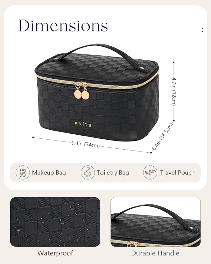 Prite Makeup Bag Portable Cosmetic Organizer with Brush Holder Waterproof Travel Toiletry Bag for Women with Handle and Divider (Checkered Black)