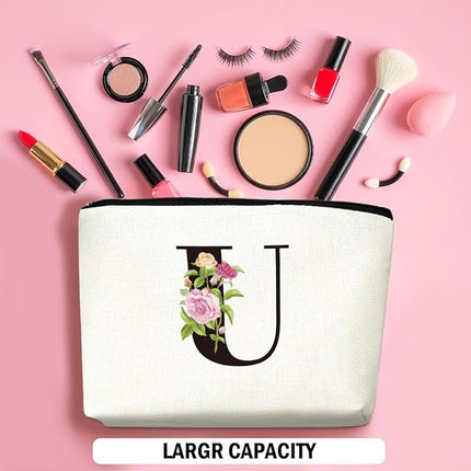 Personalized Makeup Bag, Initial Letter U Makeup Bag for Women Rose Monogram Cosmetic Bags Toiletry Pouch, Monogrammed Gifts for Women Mom Grandma Sister Friends Thanksgiving Christmas Birthday Gift