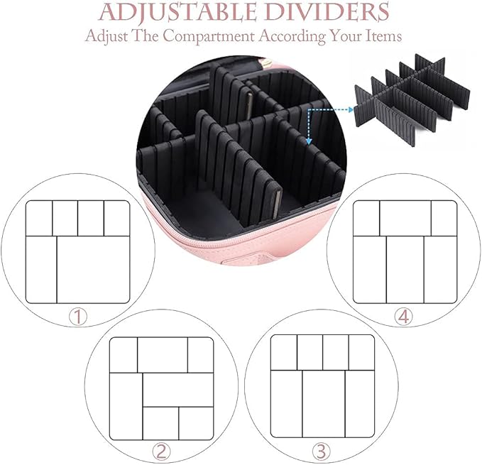 PU Leather Travel Makeup Bag, Portable Makeup Organizer Case Makeup Train Case with Adjustable Dividers and Shoulder Strap Make up Bags (with Mirror Pink)