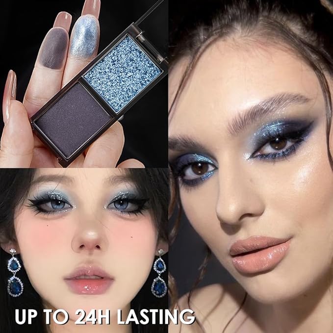Blue Black Two Color Matte Shimmer Glitter Eyeshadow,Bright Eye Shadow Powder,Professional Long-Lasting Waterproof Makeup Palette,Blendable,Easy-To-Apply and Compact for Travel