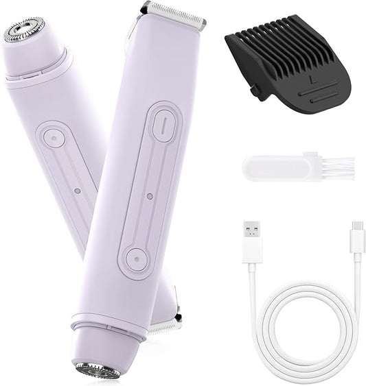 2 in 1 Women Electric Shaver - Dual Head Bikini Trimmer for Women Waterproof Wet & Dry Use Body Hair Trimmer and Facial Hair Remover, Painless Razors for Bikini Underarm Leg Arm Body Face, Purple