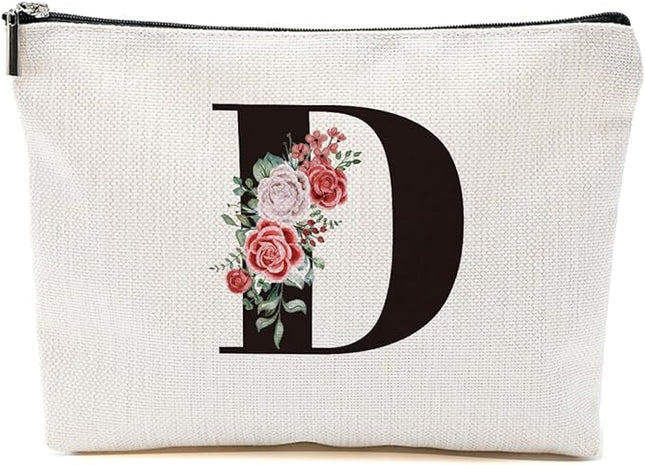 Personalized Makeup Bag, Initial Letter D Makeup Bag for Women Rose Monogram Cosmetic Bags Toiletry Pouch, Monogrammed Gifts for Women Mom Grandma Sister Friends Thanksgiving Christmas Birthday Gift