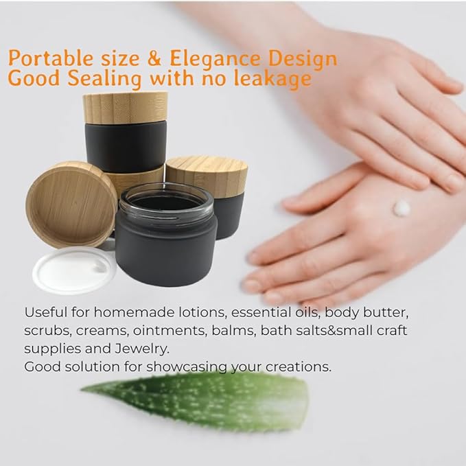 Empty Refillable Matt Black Glass Cosmetic Cream Jar 4 Pack 1.6 OZ/50g with Bamboo Lids,Skin Care Travel Frost Containers Pot for Clay Masks,Butter,Body Scrub,Lip Balm, Ointments, Lotion