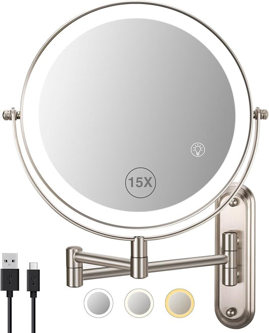 15x Wall Mounted Makeup Mirror, 8" Rechargeable Double-Sided Magnifying Mirror, 3 Color Lights for Makeup,365°Swivel for Shaving - Nickel