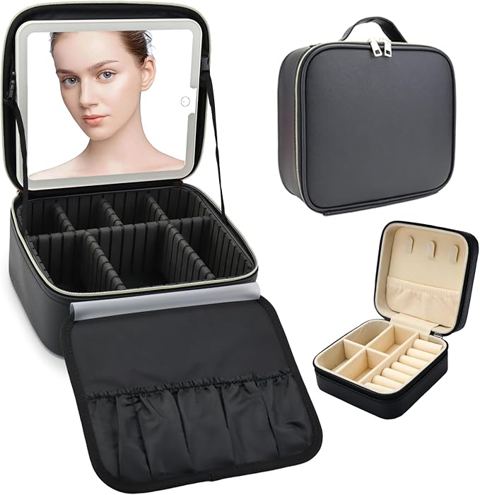 Travel Makeup Bag with LED Mirror with 3 Lighted Settings, Adjustable Dividers, Makeup Brush Storage Bag and Jewelry Case Black