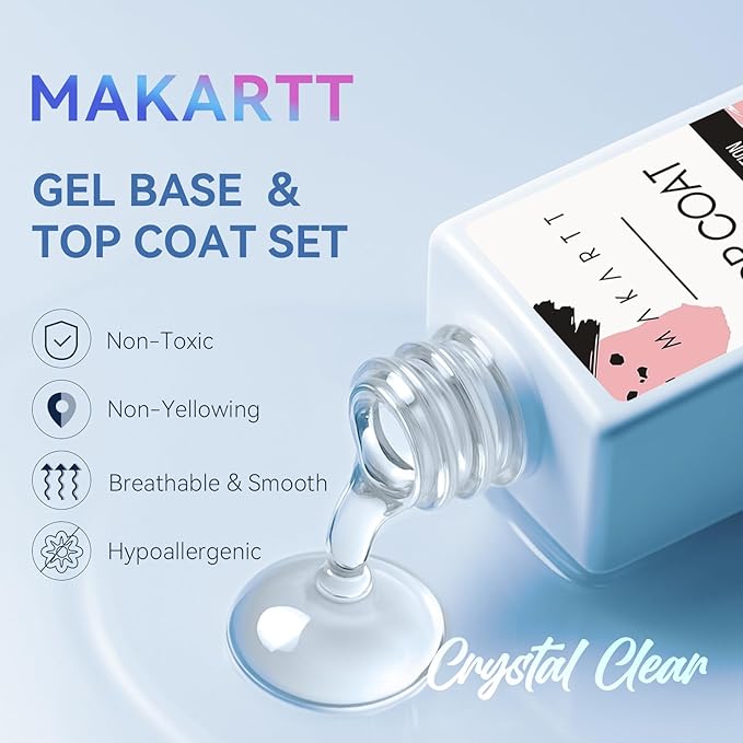 Makartt 2 Pcs Gel Top Coat and Base Coat Set - No Wipe Shine Finish Soak Off Base Top Coat Long Lasting for Gel Nail Polish, LED UV Lamp Need, Salon Quality Nail Manicure Gifts, 10ML