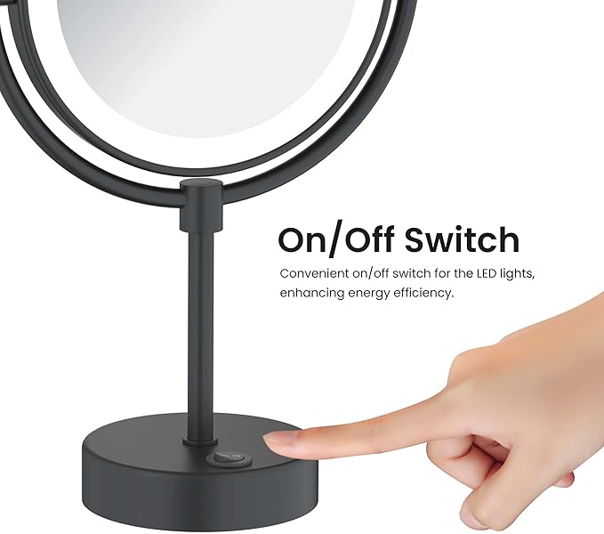 KIBI Circular LED Free Standing Magnifying Makeup Mirror | 360-Degree Swivel Shaving Mirror with Adjustable Brightness | Dual-Sided Vanity Mirror with 5X Magnification (Matte Black, KMM104)
