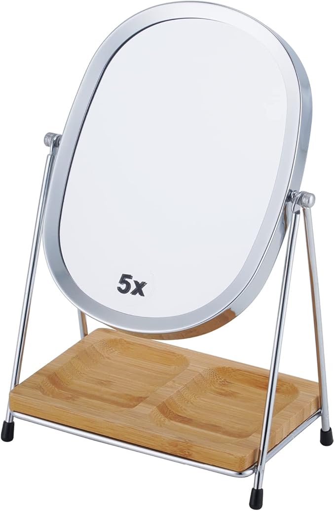 JOYOEIKON Tabletop 5x/1x Magnifying Makeup Mirror with Squared Bamboo Tray Small Desk Mirror 360° Rotation Vanity Mirror with Stand Desktop Cosmetic Mirror