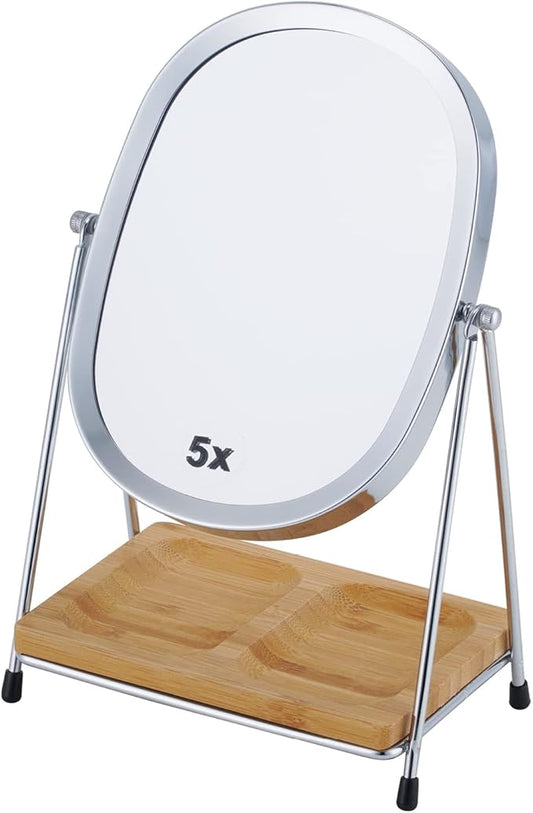 JOYOEIKON Tabletop 5x/1x Magnifying Makeup Mirror with Squared Bamboo Tray Small Desk Mirror 360° Rotation Vanity Mirror with Stand Desktop Cosmetic Mirror