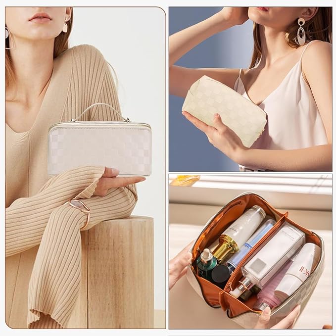 Checkered Travel Makeup Bags Cosmetic Organizer Bag: 2-Set Large Capacity Waterproof Makeup Bag - PU Leather Toiletry Bag for Women - Wide Open Portable Pouch with Handle and Divider (WHITE)