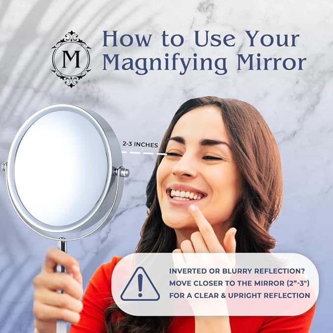 10X Magnifying Makeup Mirror on Round Stand for Tabletop, Bedroom Vanity Desk and Bathroom Counter - Free Standing Double Sided 10X/1X Magnification Mirror - 7" Wide and 14" Tall (Chrome)