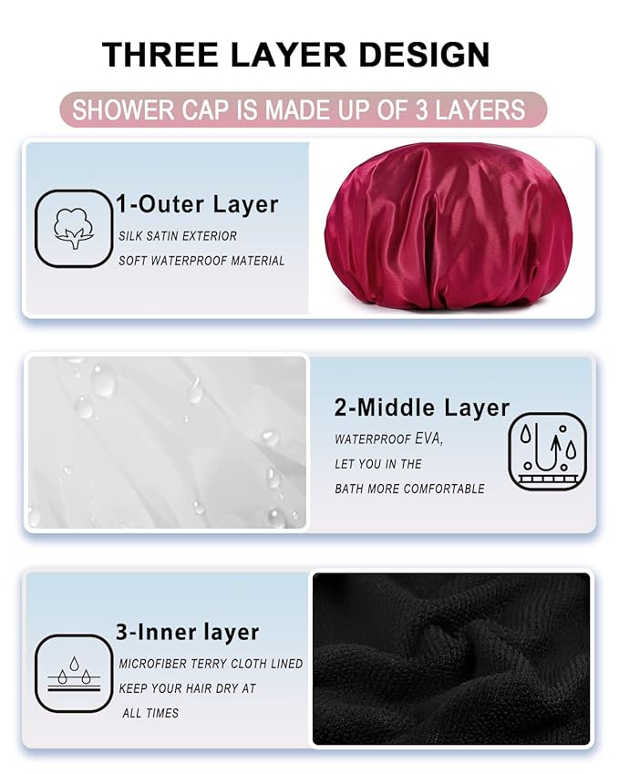 YIZIJIZI Triple Layer Reusable Waterproof Shower Cap for Women Large Terry Lined Hair Cap for Long Thick Hair Travel Bath Care Red