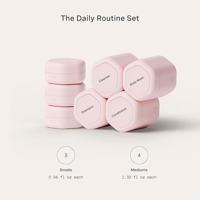 Cadence Travel Containers - Daily Routine Capsule Set - Magnetic Containers with Lids,4 Flex Mediums (1.32oz) & 3 Flex Smalls (0.56oz) - Shampoo, Conditioner, Body Wash, Pills, & More - Petal