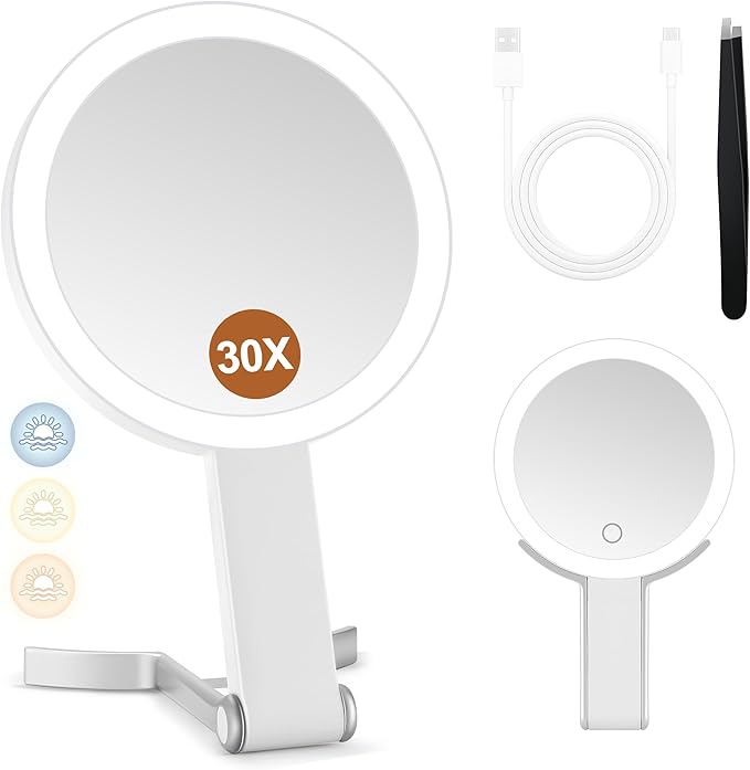 MIYADIVA Magnifying Mirror with Light, Double Sided 30X/1X Lighted Travel Makeup Mirror with Magnification, 3 Color Lighting, Dimmable Touch Screen, Adjustable & Foldable Hand Mirror (White)
