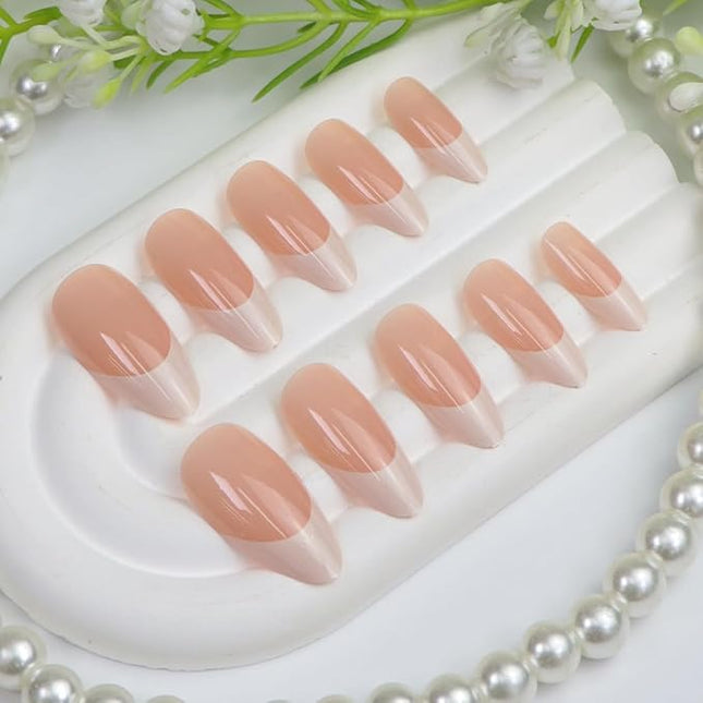White French Tip Press on Nails Almond Medium Fake Nails Press ons with Designs Glossy Full Cover Glue on Nail Acrylic Stick on Nails for Women 24 Pcs