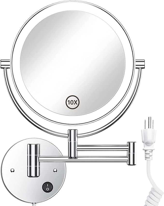 Gospire 8.5" Wall Mounted Lighted Magnifying Mirror, 1X/10X Double-Sided Magnification Round LED Cosmetic Vanity Bathroom Mirror Extendable Arm 360° Swivel for Shaving Makeup