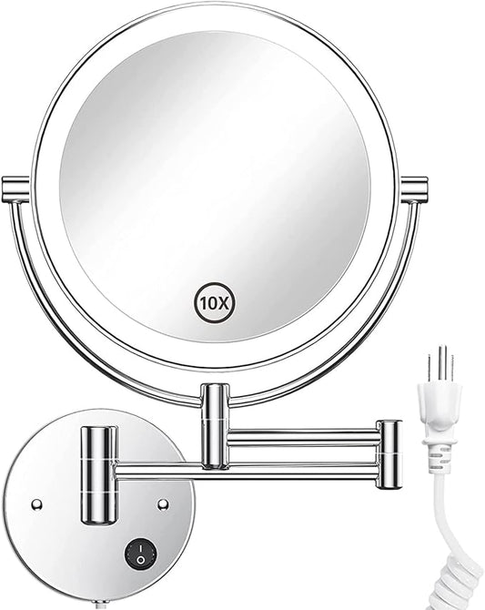 Gospire 8.5" Wall Mounted Lighted Magnifying Mirror, 1X/10X Double-Sided Magnification Round LED Cosmetic Vanity Bathroom Mirror Extendable Arm 360° Swivel for Shaving Makeup