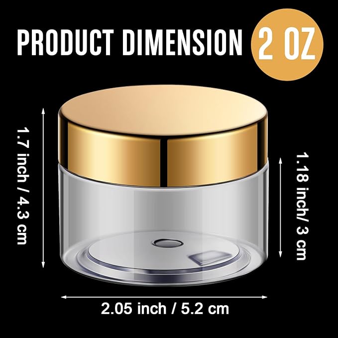 SATINIOR 100 Pcs Plastic Jars with Lids Small Containers Lids Wide Mouth Small Plastic Containers for Lotion Cream Rhinestones Body Butters Travel Storage(2 oz,Gold)