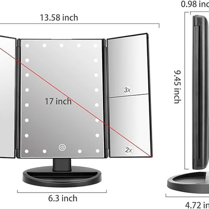 deweisn Tabletop Mount Trifold Lighted Vanity Mirror with 21 LED Lights, Touch Screen and 3X/2X/1X Magnification, Two Power Supply Mode Make up Mirror,Travel Mirror
