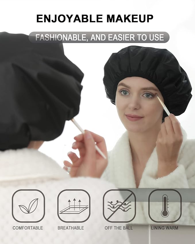 YIZIJIZI Terry Lined Shower Cap,Triple Layer Large Cap for Women,Shower Cap Reusable Waterproof,Long Thick Hair(Black)