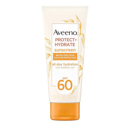 Aveeno Protect + Hydrate Moisturizing Body Sunscreen Lotion with Broad Spectrum SPF 60 & Prebiotic Oat, Weightless & Refreshing Feel, Paraben-Free, Oil-Free, Oxybenzone-Free, 3.0 fl. oz | Moisturizing, Body, Prebiotic Oat, Weightless, Refreshing Feel