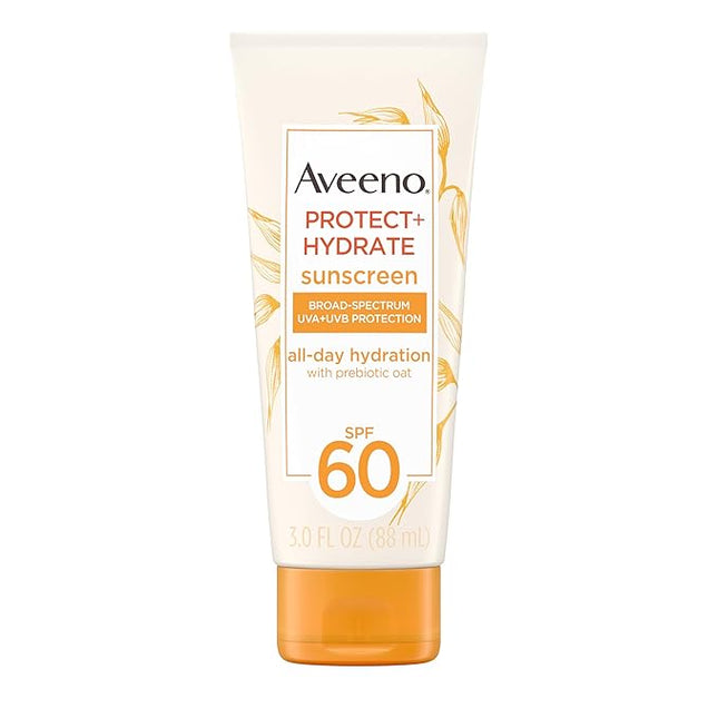 Aveeno Protect + Hydrate Moisturizing Body Sunscreen Lotion with Broad Spectrum SPF 60 & Prebiotic Oat, Weightless & Refreshing Feel, Paraben-Free, Oil-Free, Oxybenzone-Free, 3.0 fl. oz | Moisturizing, Body, Prebiotic Oat, Weightless, Refreshing Feel