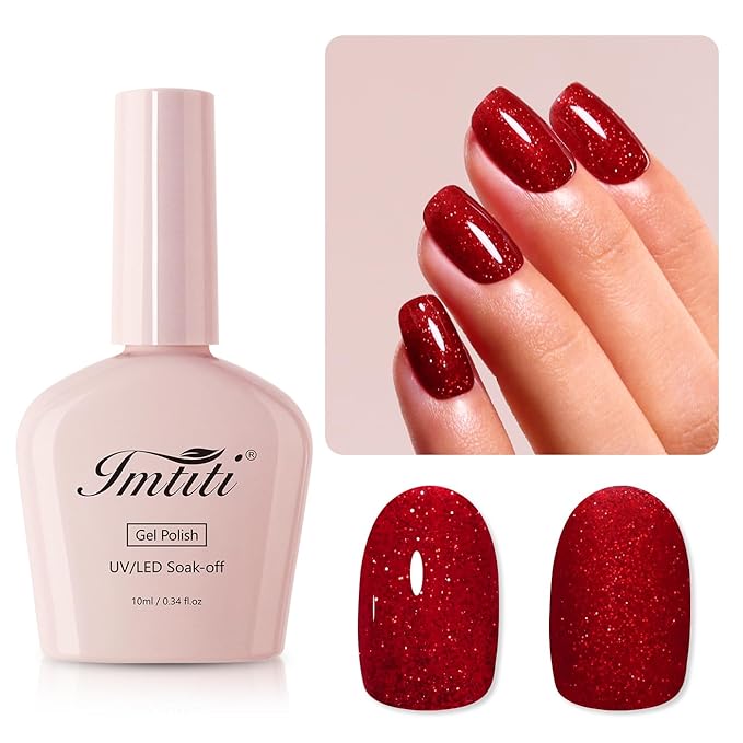 Imtiti Glitter Gel Nail Polish, Red Glitter Gel Polish Soak Off LED U V Shimmer Sparkle Christmas Red Nail Gel Polish Fall Winter DIY Nail Art Starter Manicure Salon 10ML