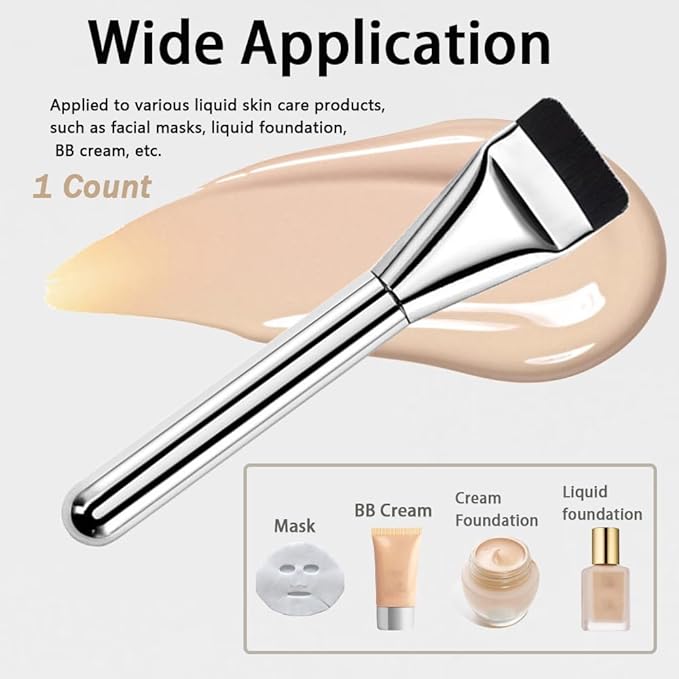 2 Count Flat Foundation Brush for Liquid makeup, Ultra Thin Face Makeup Flat Brush, Makeup Brush for Blending Mask Cream, Base Brush Tools（Silver & Silver)