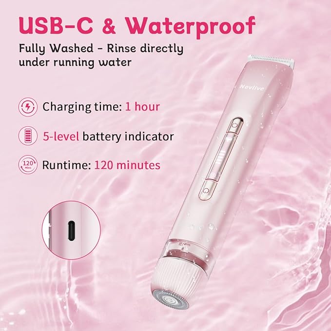 Bikini Trimmer for Women, 2-in-1 Electric Razors for Women for Bikini Line & Sensitive Areas, IPX7 Waterproof Wet & Dry Razor for Underarms, Legs, Arms, Body & Face, USB-C Rechargeable, Pink