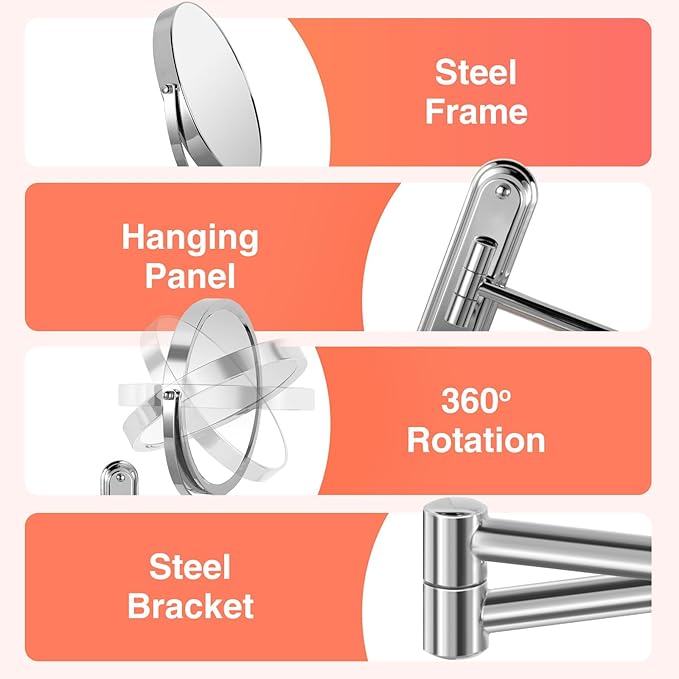 Wall Mounted Makeup Mirror - 8.5in Double Sided Makeup Mirror with Extended Arm,1X/15X Magnifying Mirror for Makeup or Shaving - Chrome, No Lights